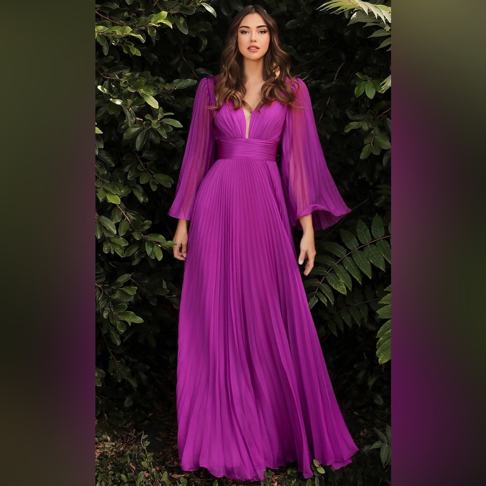 Vibrant Magenta Pleated V-Neck Midi Dress - Picture 2 of 2